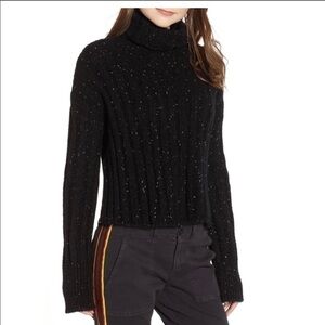 Pam & Gela Side Slit Rib-Knit Turtleneck Sweater Black Medium NWT